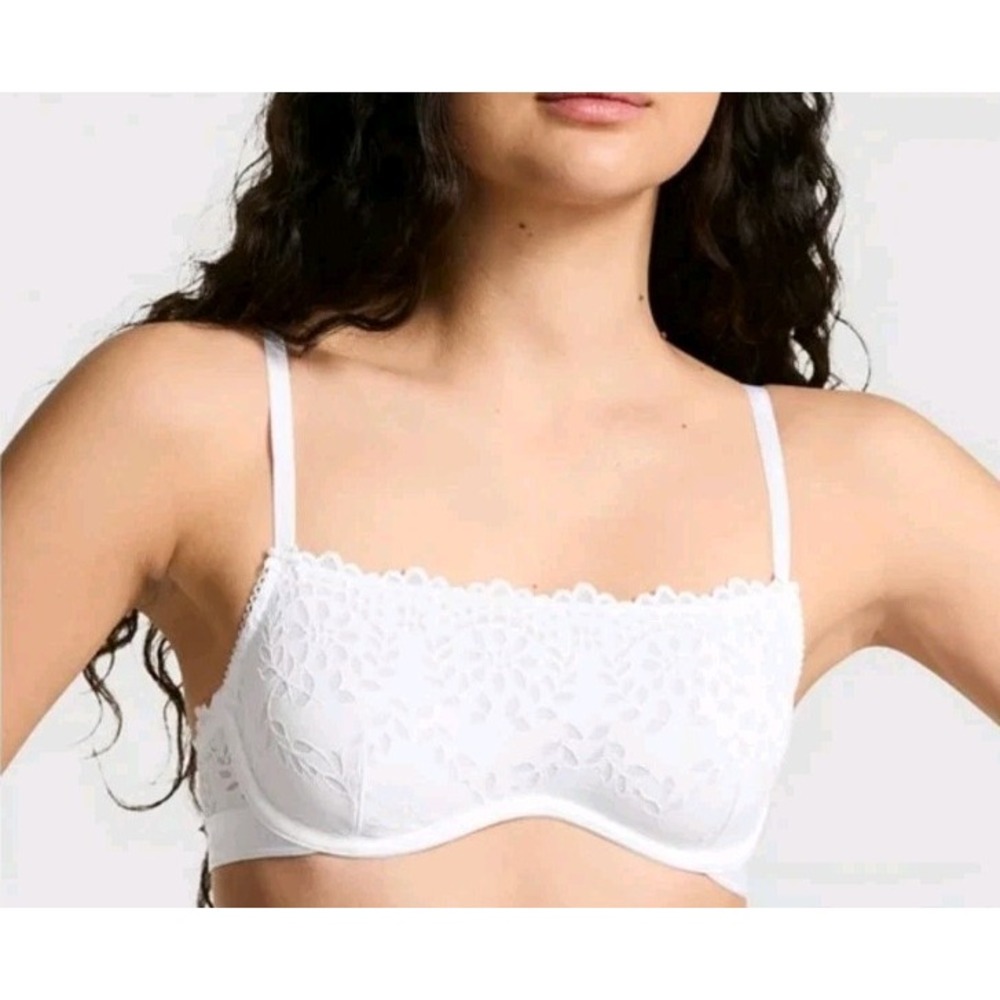 Pink Victoria's Secret White Lace Scoop Neck Unlined Underwire Bra Medium NWT
